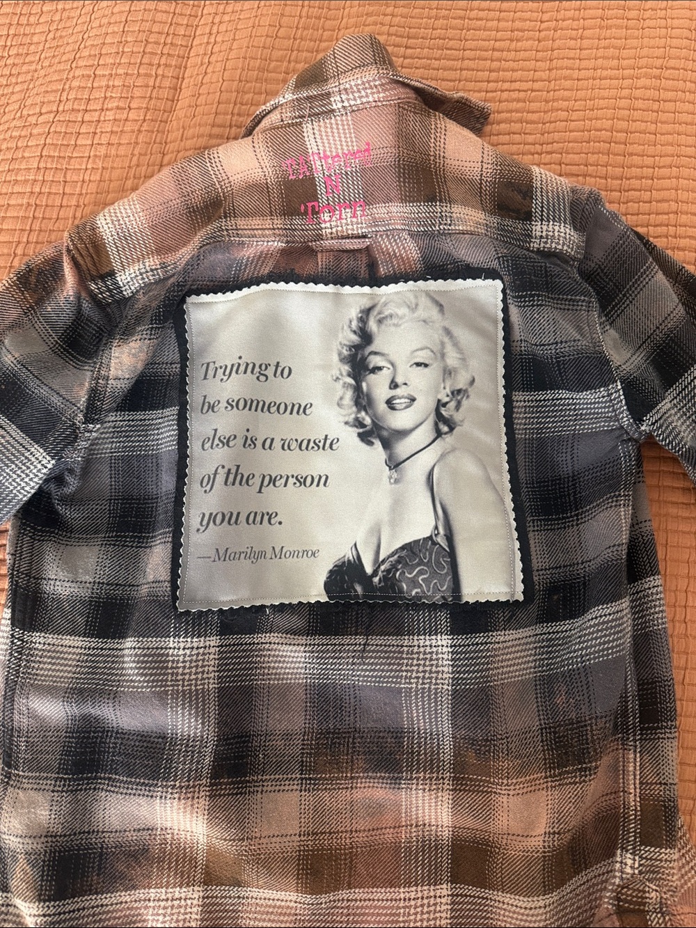 Plaid Women’s button up top flannel with Marilyn Monroe Patch - Pink/Black
